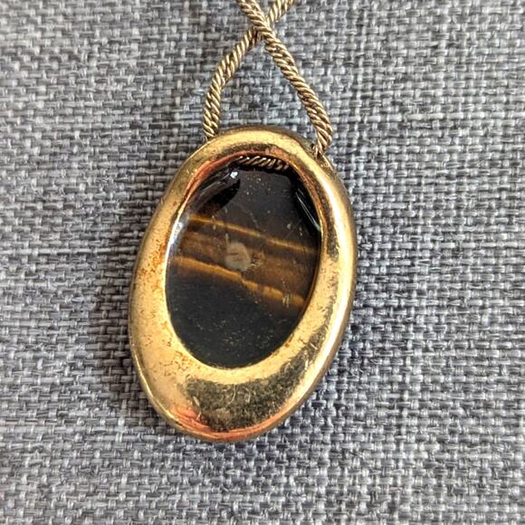 Vintage Monet Gold Tone Chain Faceted Tigers Eye Rhinestone Pendant Necklace - Picture 3 of 4